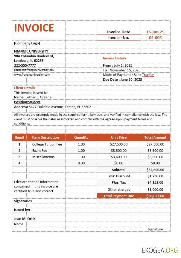 Modèle de facture de frais de scolarité